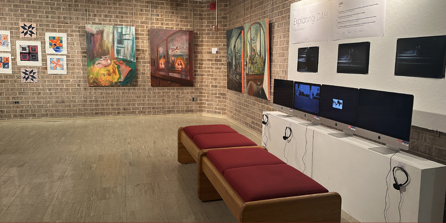 Student artwork displayed in gallery