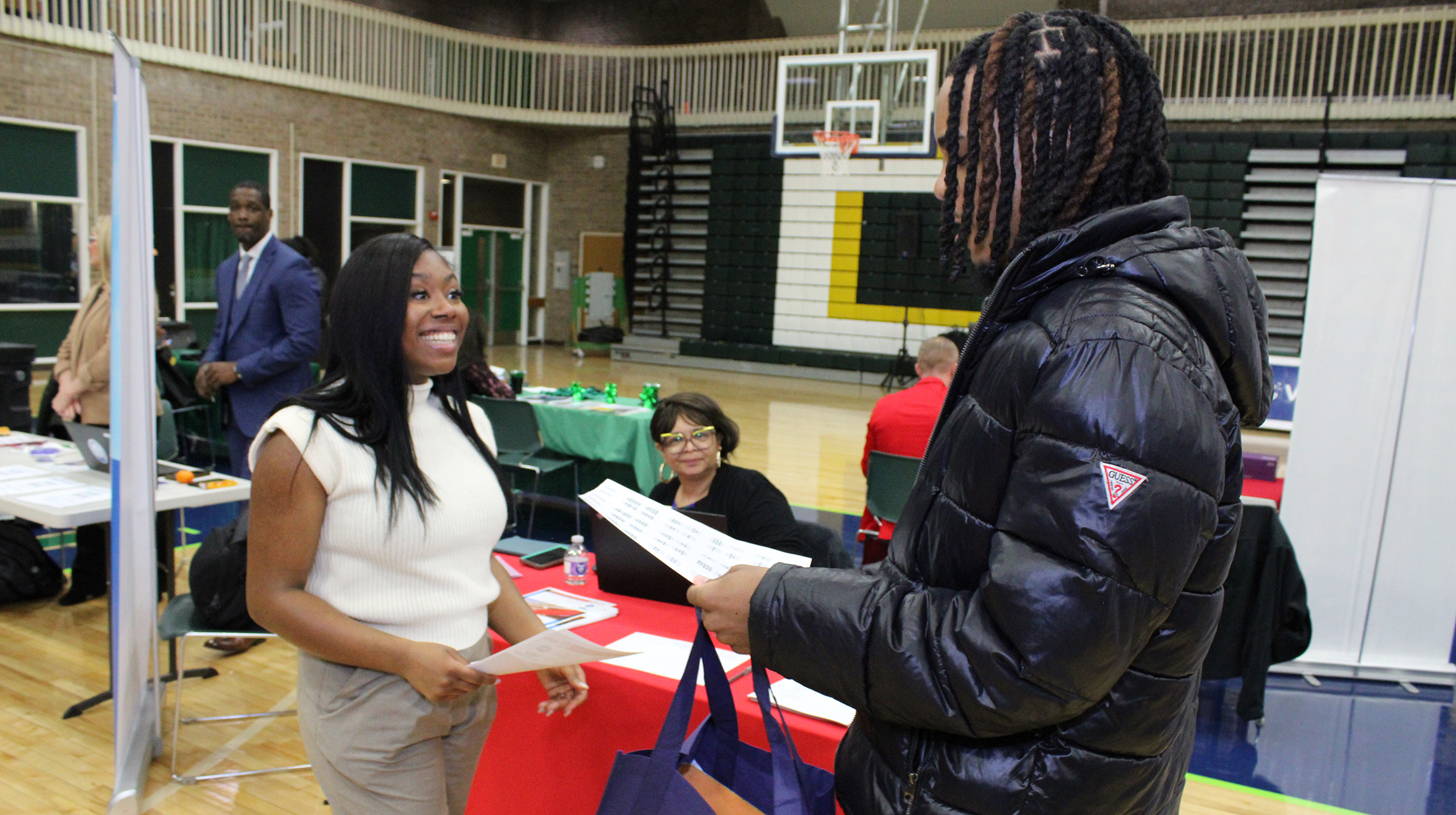 Career specialist talking with a student