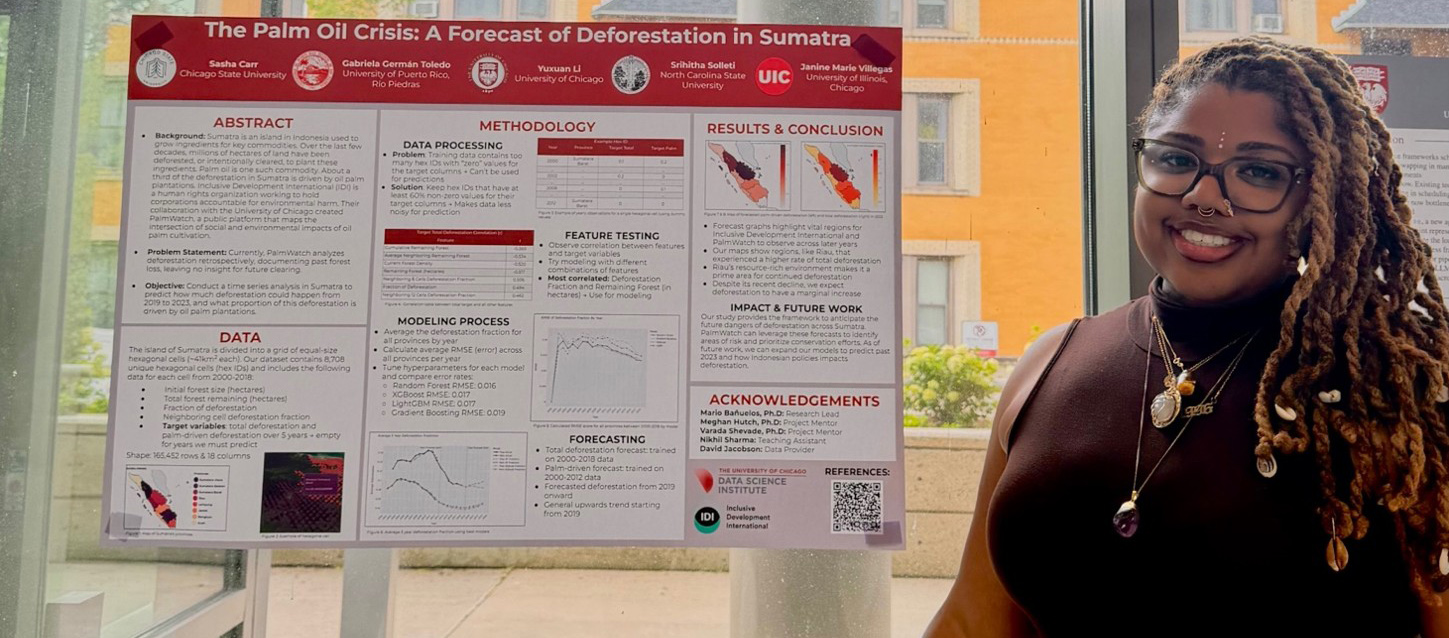 A researcher with long, blonde locs and glasses smiles while standing next to her red and white research poster on the palm oil crisis. The poster features data tables, line graphs and colorful geographic maps of Sumatra.