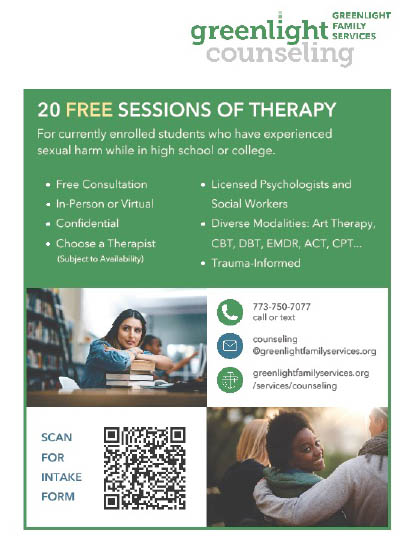 Promotional flyer for Greenlight Family Services highlighting 20 free therapy sessions for currently enrolled students who have experienced sexual harm while in high school or college.