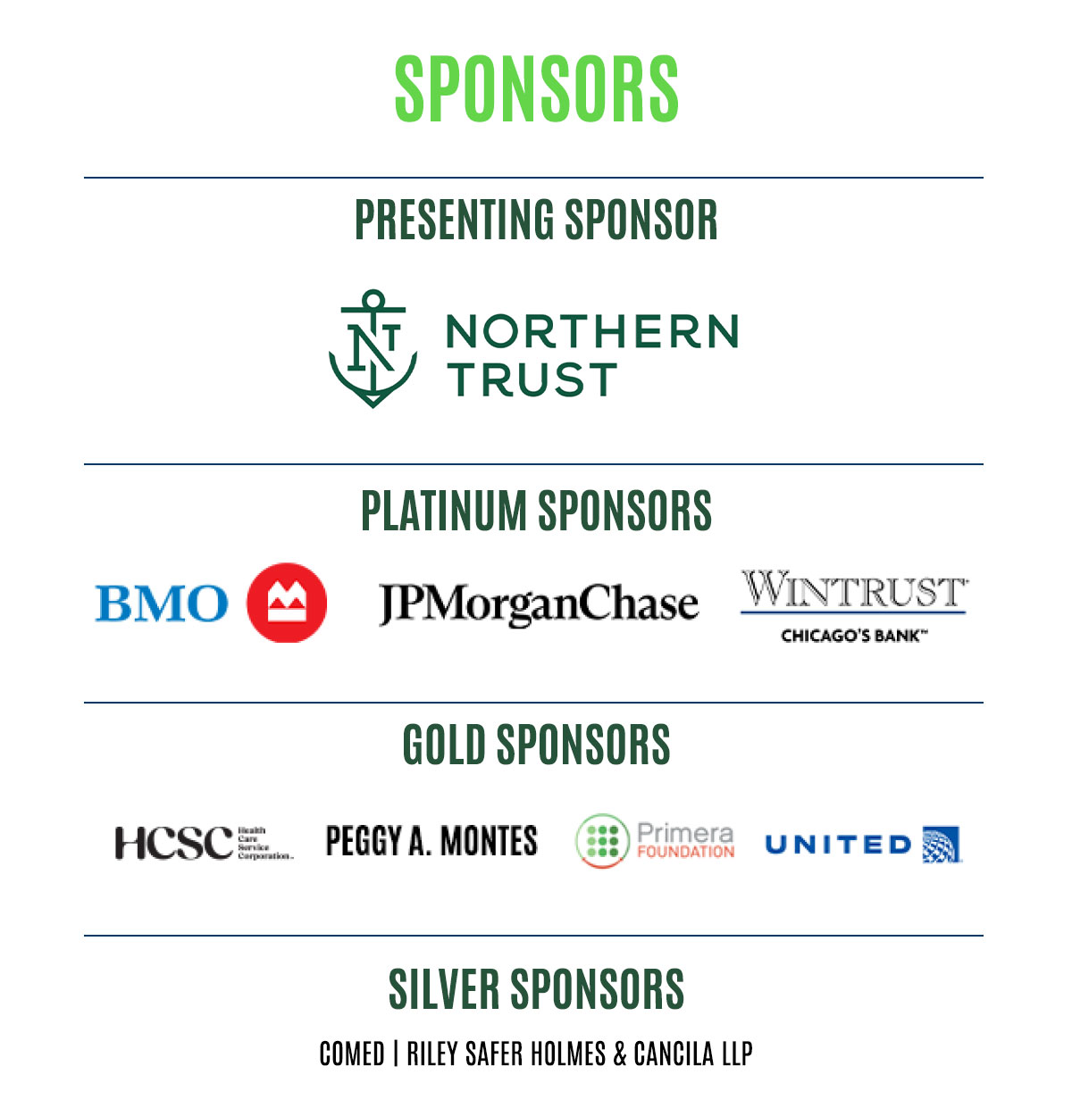 Image depicting sponsors of the 2026 1stGEN Scholarship Gala. The presenting sponsor is Northern Trust. Platinum sponsors are BMO, JP Morgan Chase, and Wintrust. Gold sponsors are Health Care Service Corporation, Peggy A. Montes, Primera Foundation and United. Silver sponsors are ComEd and Riley, Safer, Holmes & Cancila LLP.