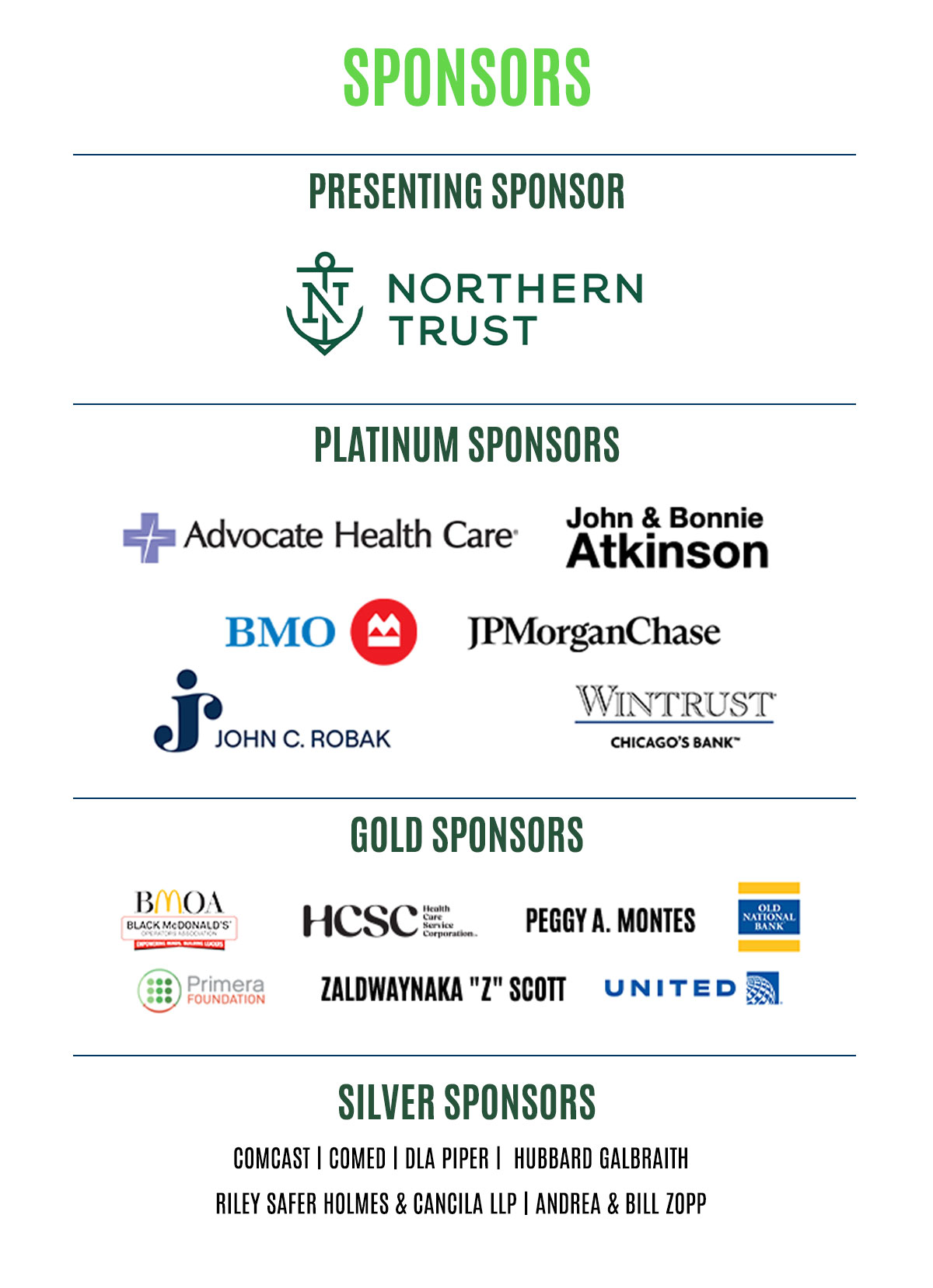 Image depicting sponsors of the 2026 1stGEN Scholarship Gala. The presenting sponsor is Northern Trust. Platinum sponsors are BMO, JP Morgan Chase, Wintrust, Advocate Health Care, John and Bonnie Atkinson, and John C. Robak. Gold sponsors are Health Care Service Corporation, Peggy A. Montes, Primera Foundation, United, Black McDonald's Operators Association, Old National Bank, and Zaldwaynaka "Z" Scott. Silver sponsors are ComEd, Riley, Safer, Holmes & Cancila LLP, Comcast, DLA Piper, Hubbard Galbraith, and Andea and Bill Zopp.