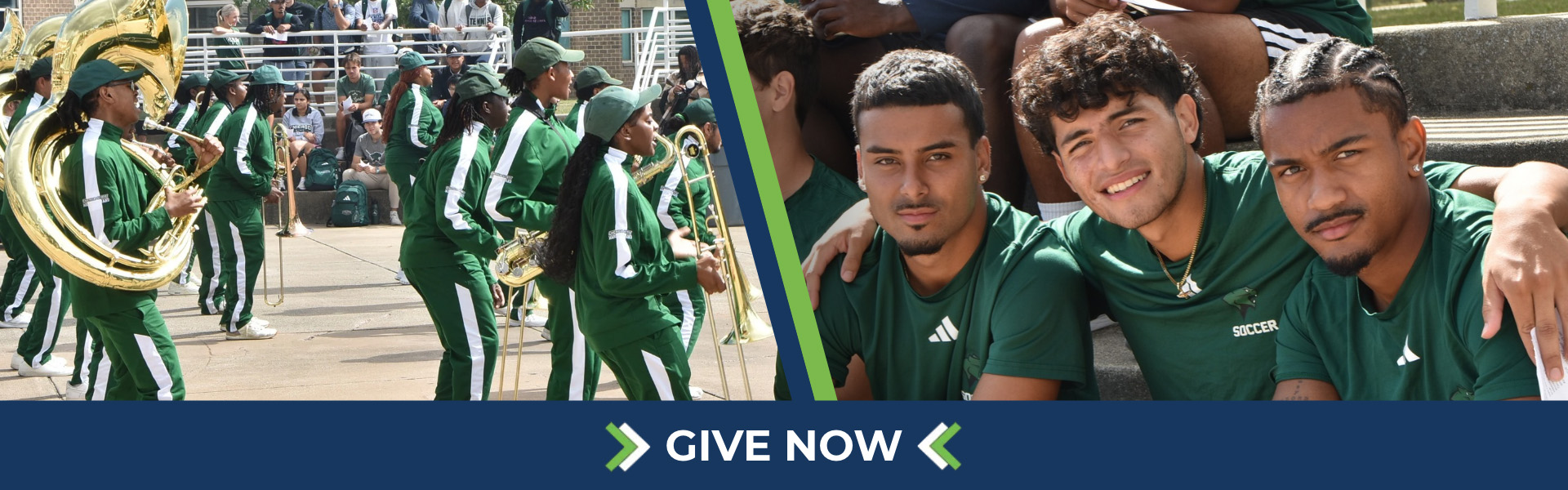 A photo banner divided diagonally by a blue and light green accent line. On the left is CSU's marching band in green and white tracksuits playing brass instruments outdoors. On the right are three male soccer players in dark green athletic shirts sitting side-by-side and smiling.
