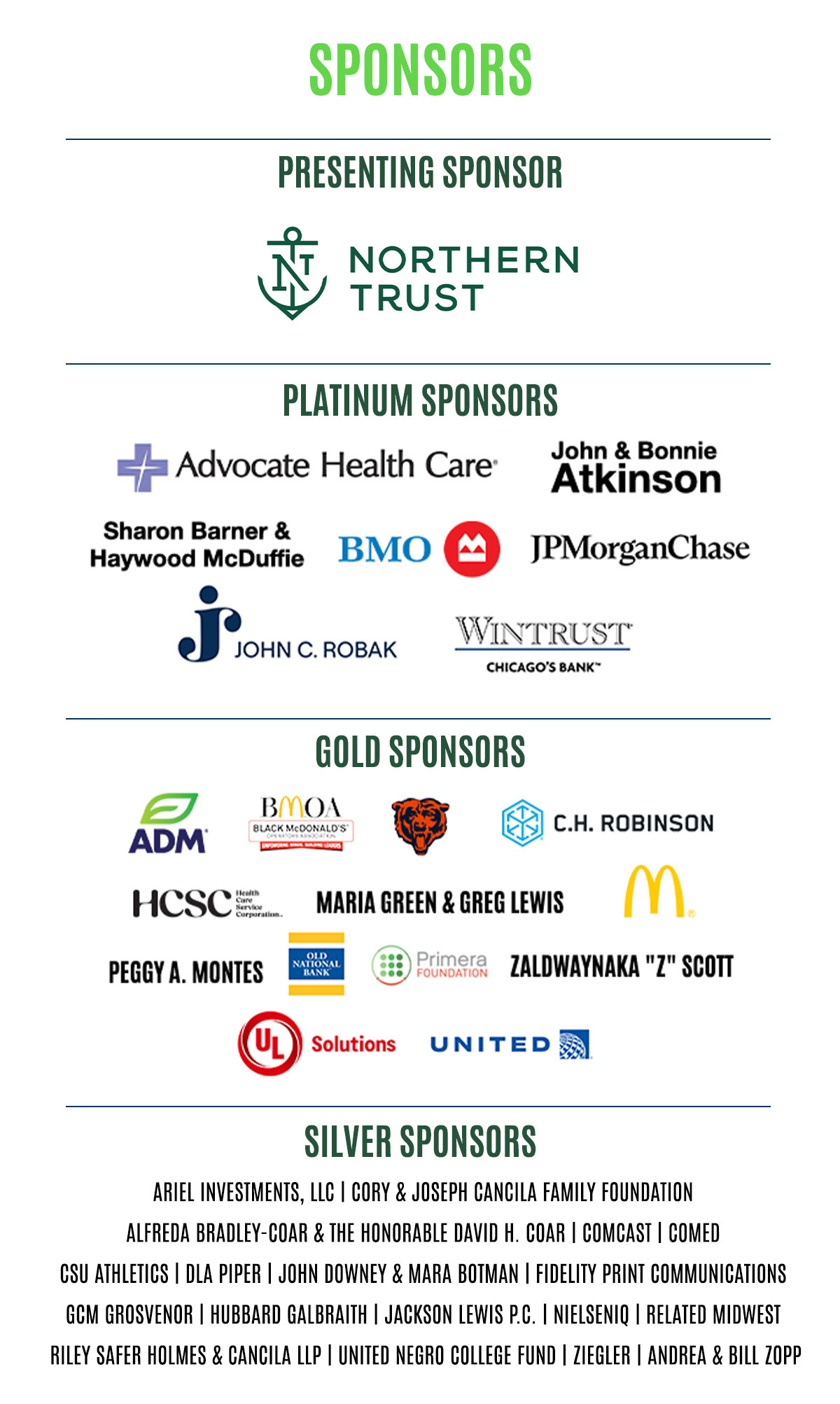 Image depicting sponsors of the 2026 1stGEN Scholarship Gala. The presenting sponsor is Northern Trust. Platinum sponsors are BMO, JP Morgan Chase, Wintrust, Advocate Health Care, John and Bonnie Atkinson, and John C. Robak. Gold sponsors are Health Care Service Corporation, Peggy A. Montes, Primera Foundation, United, Black McDonald's Operators Association, Old National Bank, and Zaldwaynaka "Z" Scott. Silver sponsors are ComEd, Riley, Safer, Holmes & Cancila LLP, Comcast, DLA Piper, Hubbard Galbraith, and Andea and Bill Zopp.