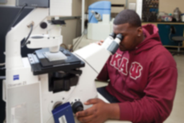 Student in red fraternity hoodie using electronic microscope