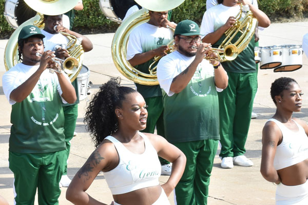 CSU marching band playing instruments