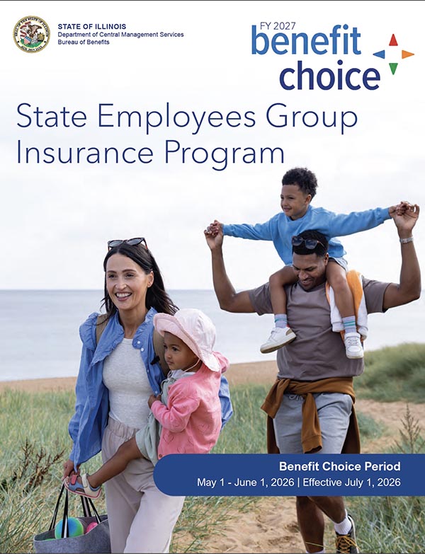 Cover image of the 2026-2027 benefits booklet. The cover shows a family walking along a trail with a woman holding a toddler girl and a man carrying a young boy on his shoulders.