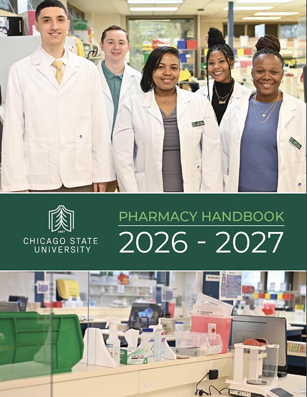 Cover graphic for the CSU pharmacy 2026-2027 handbook featuring pharmacy students in white lab coats above a pharmacy counter.