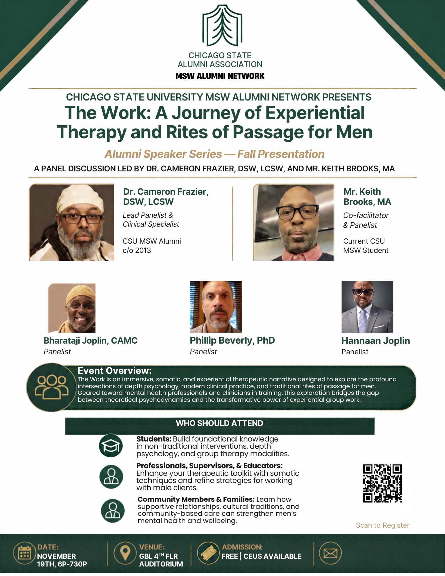 Speaker series event flyer framed with forest green angular borders at the top. The top section features headshots of the two lead panelists side-by-side, followed by three smaller headshots of the additional panelists below it.